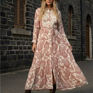 ANTROPOLOGY Dress Allaire Maxi Flowy Dress, Brown Red & Cream